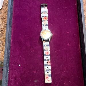 Floral Stripe Watch‎ Silver Tone Case Faux Leather Band Quartz